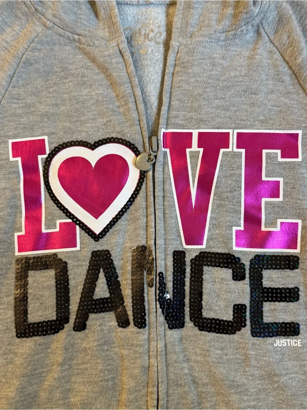 2013 Justice zip up hoodie with pink and black 'LOVE DANCE' graphic size 12